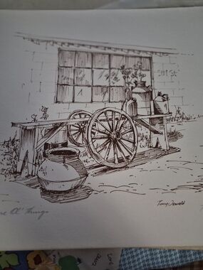 Tony Oswall Rustic Wheelbarrow Sketch Wall Art Print in Brown by